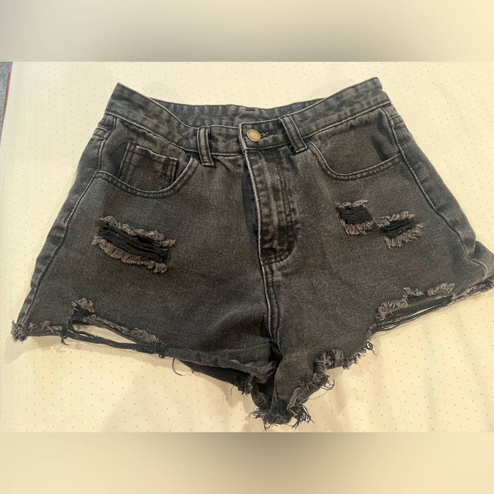 Distressed Black Denim Shorts